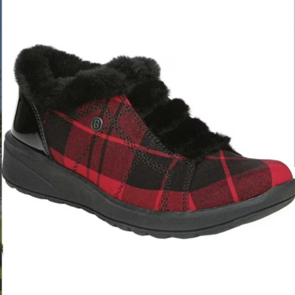 Bzees (Size 8.5W) Black/Red Plaid Pattern Faux Fur Lined Slip-on Golden Sneakers - Picture 13 of 13